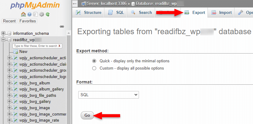 export wordpress database in phpmyadmin