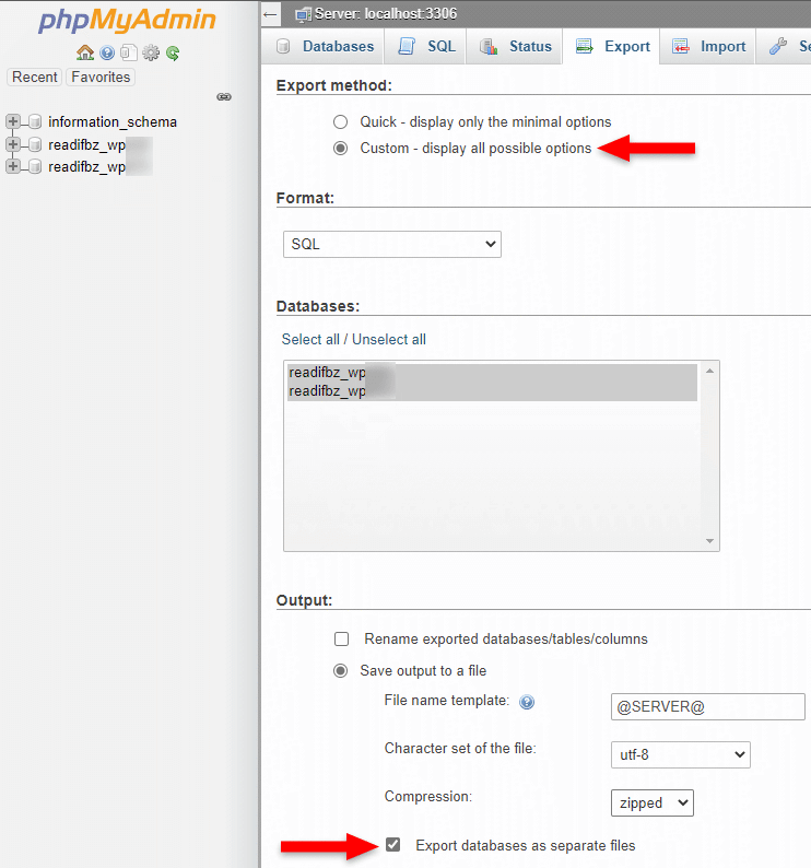 export wordpress databases as separate files in phpmyadmin