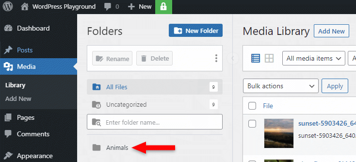 folder created in wordpress media library