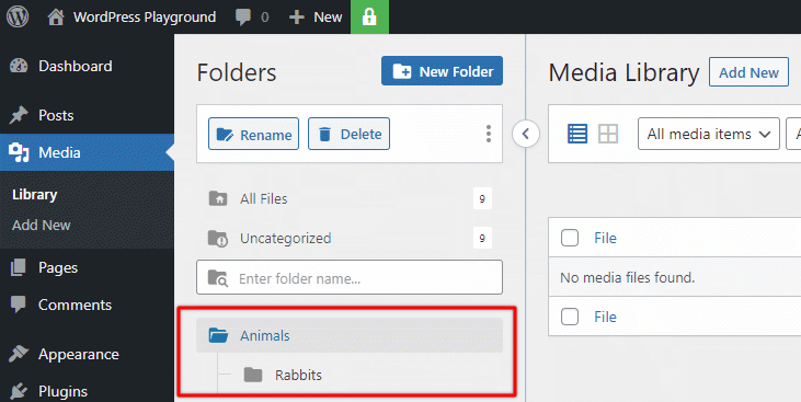 Folder and subfolder in wordpress media library