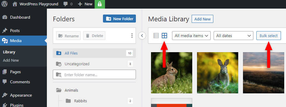 bulk select in grid mode in wordpress media library