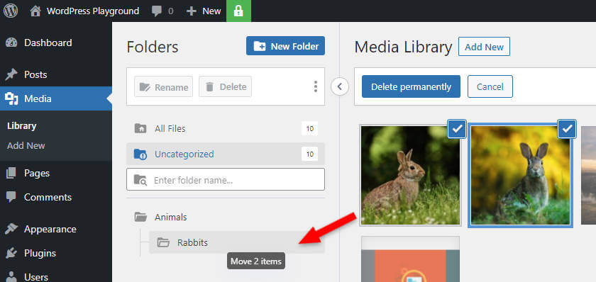 drag and drop images to the wordpress media library folder in grid mode