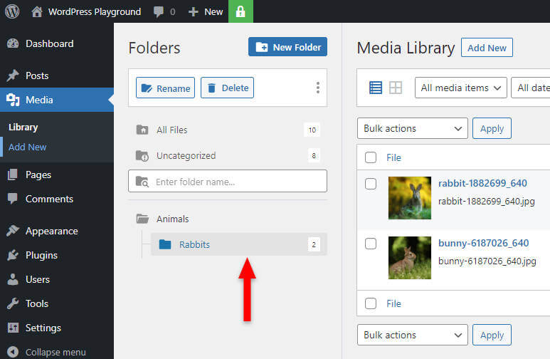 images add the to subfolder in wordpress media library