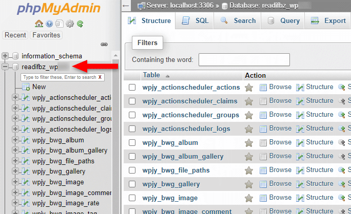 select wordpress database in phpmyadmin