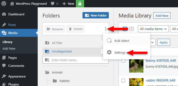 folder settings in filebird plugin