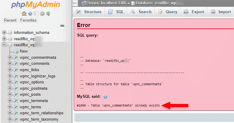 #1050 - Table already exists sql error in phpmyadmin