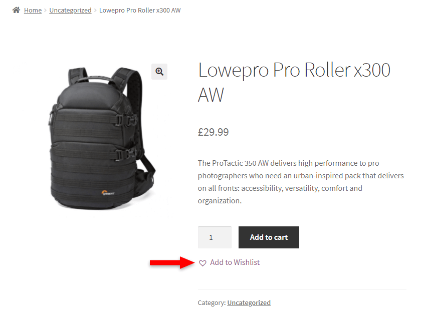 add to wishlist button in woocommerce single product page