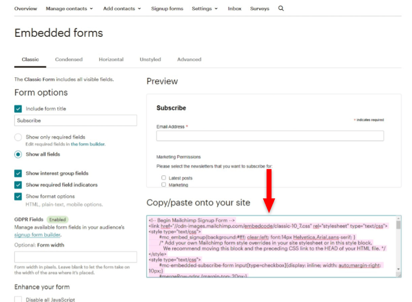 copy form code mailchimp