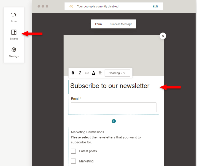 customize subscriber pop-up in mailchimp
