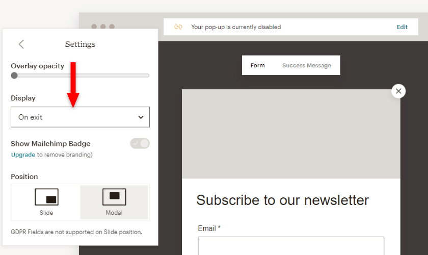 subscriber pop-up in mailchimp display on exit