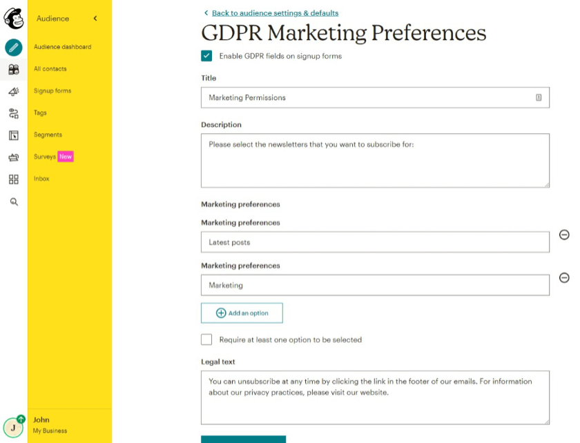 marketing preferences mailchimp