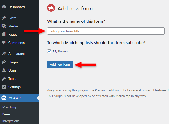 mailchimp form name in mc4wp plugin