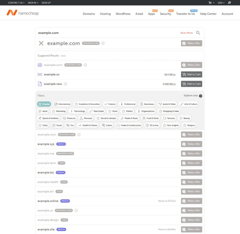 Namecheap tlds based on categories