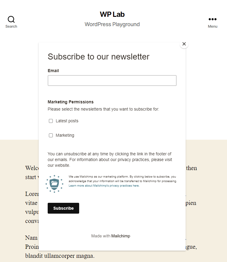 mailchimp subscriber pop-up in wordpress