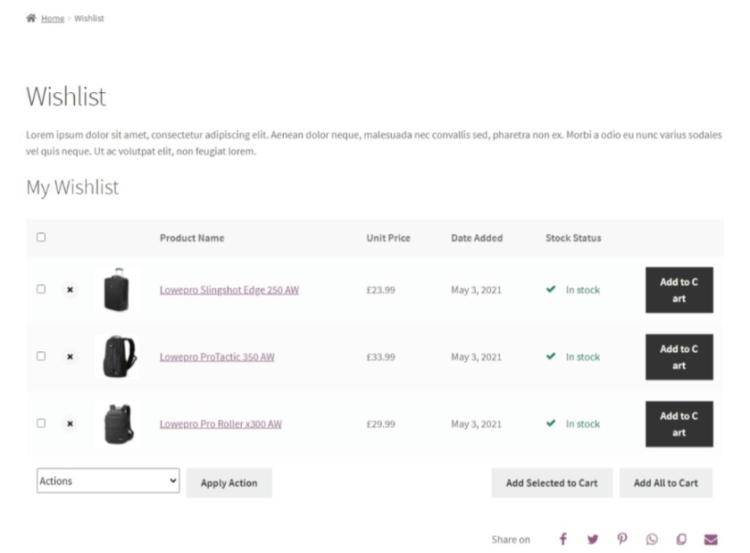 woocommerce wishlist page