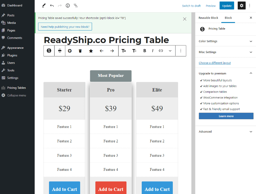 Editing pricing tables in the WordPress editor with "Easy Pricing Tables" plugin