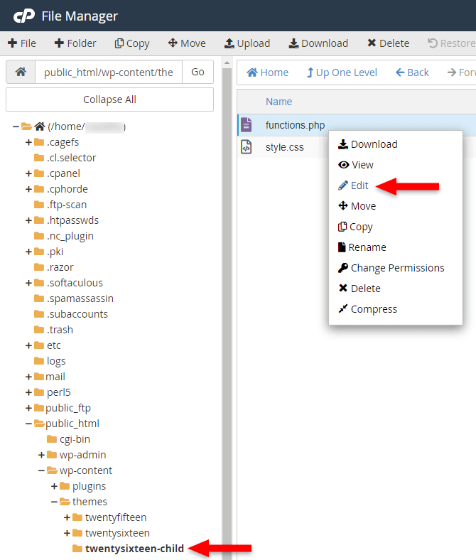 Editing the Twenty Sixteen's function.php file in cPanel's File Manager