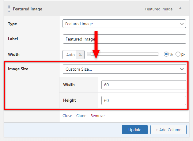featured image column options