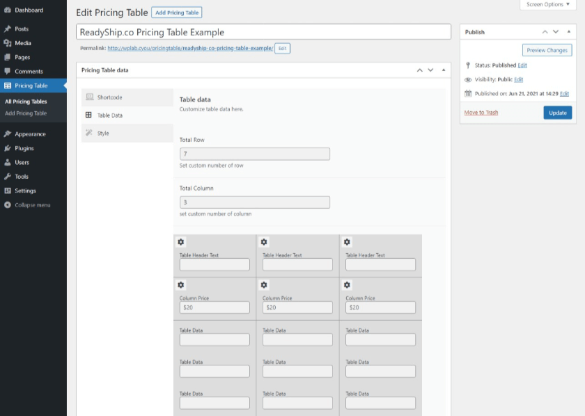Back-end view of the WordPress plugin "Pricing Table by PickPlugins"