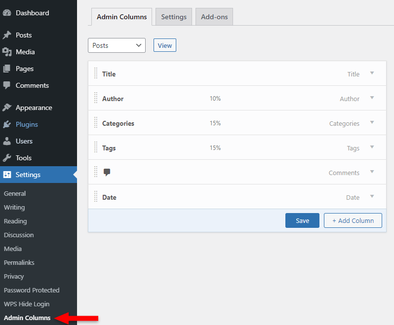 admin columns plugins settings
