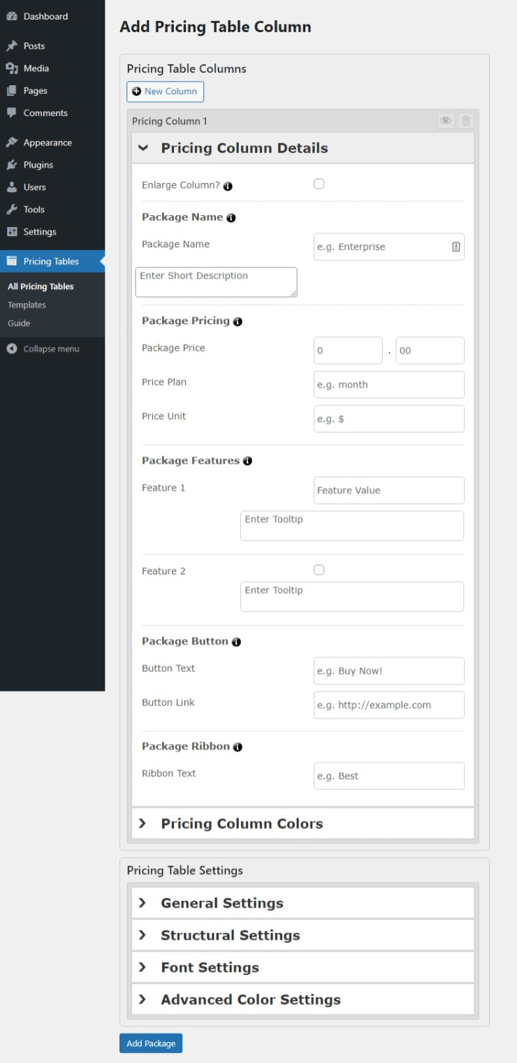 Back-end view of the WordPress plugin "WRC Pricing Tables"